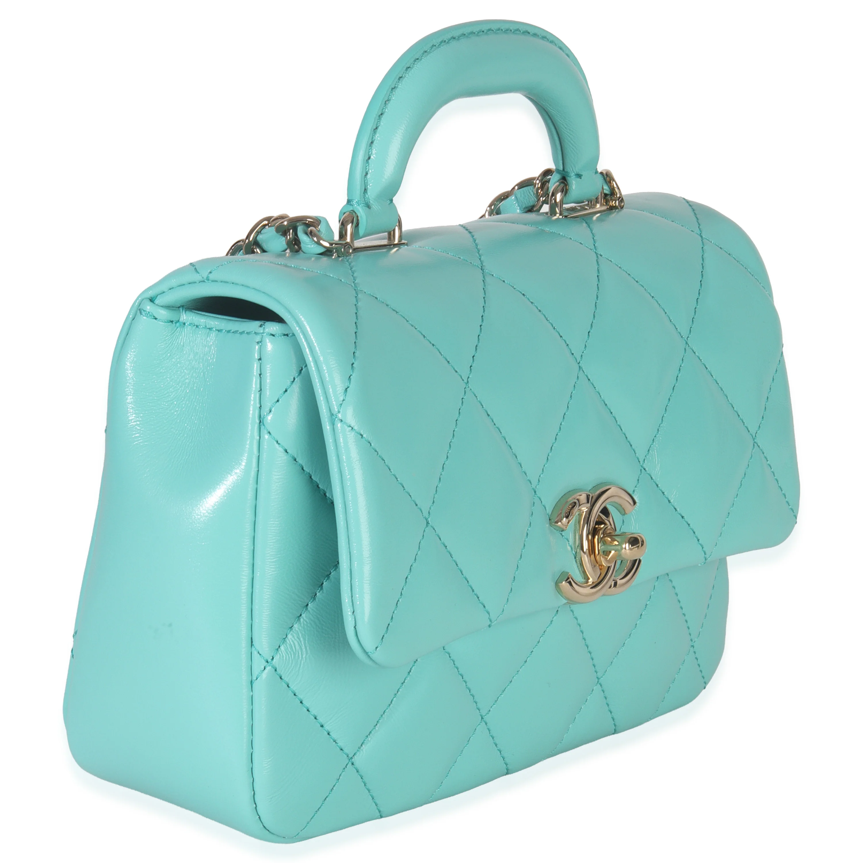 Teal Quilted Calfskin Top Handle Flap Bag - Image 3