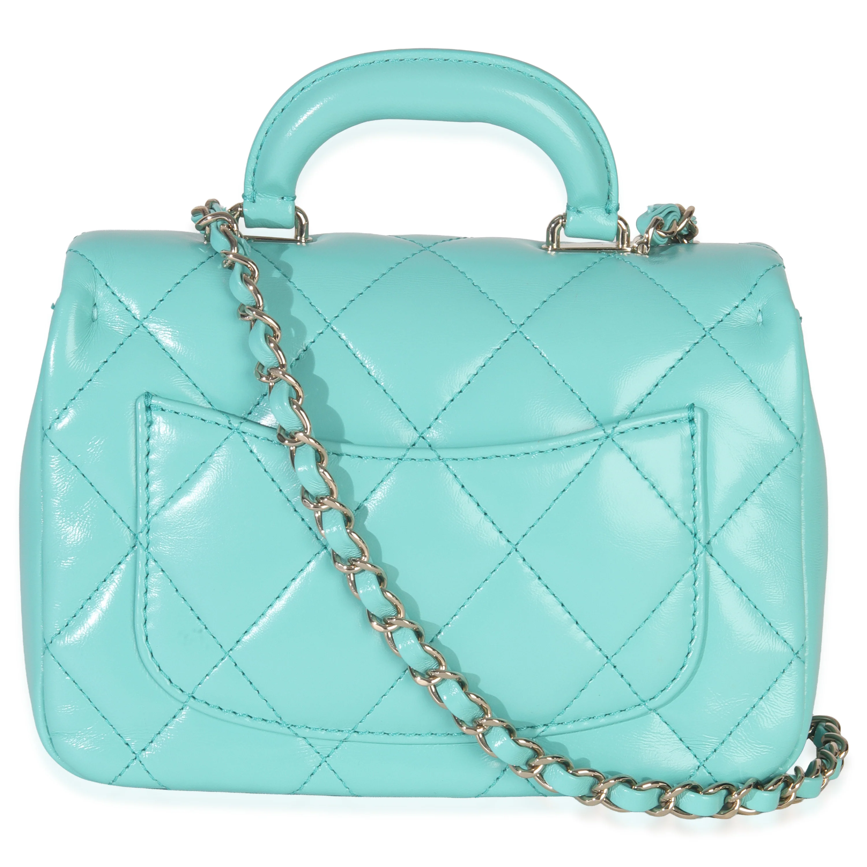 Teal Quilted Calfskin Top Handle Flap Bag - Image 4