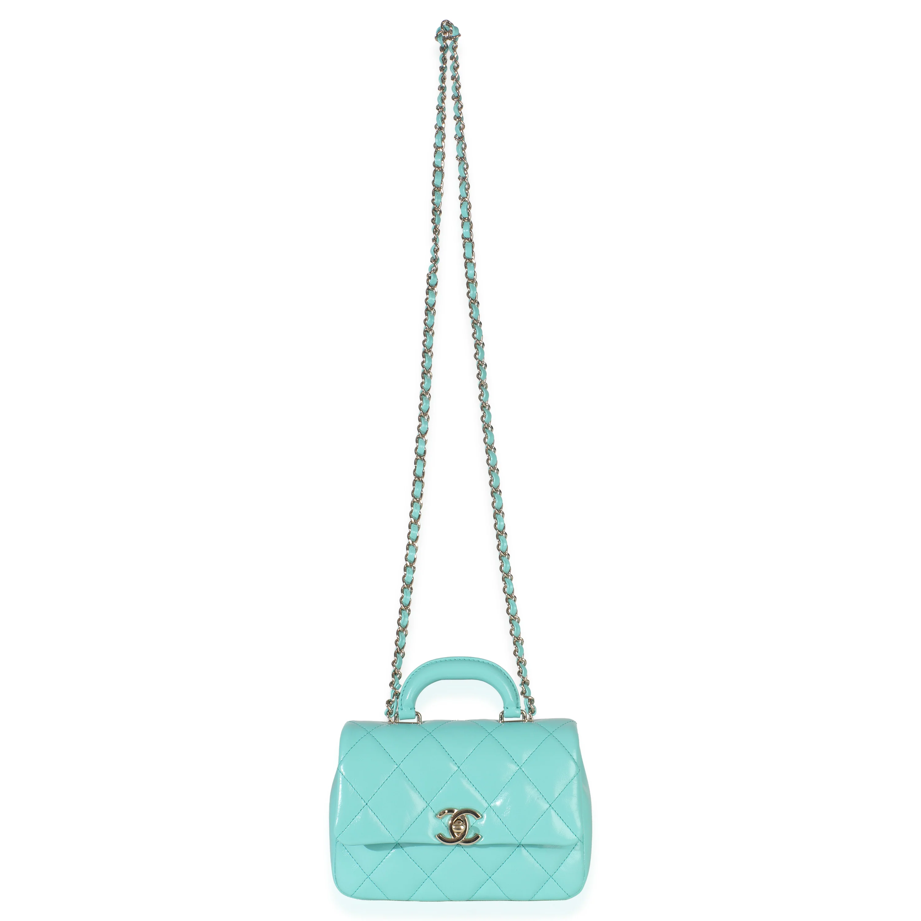 Teal Quilted Calfskin Top Handle Flap Bag - Image 8