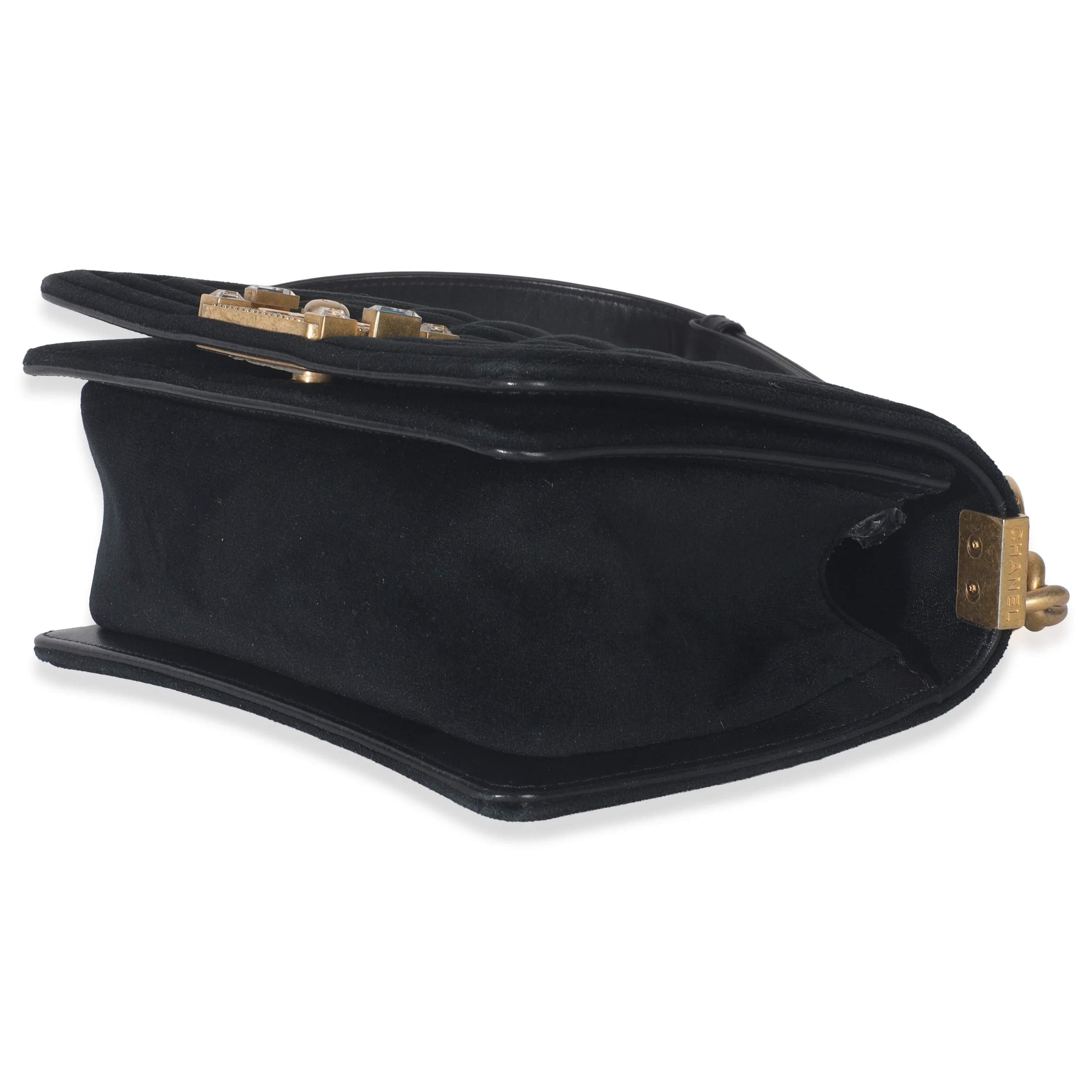 Black Quilted Velvet Strass Small Boy Bag - Image 6