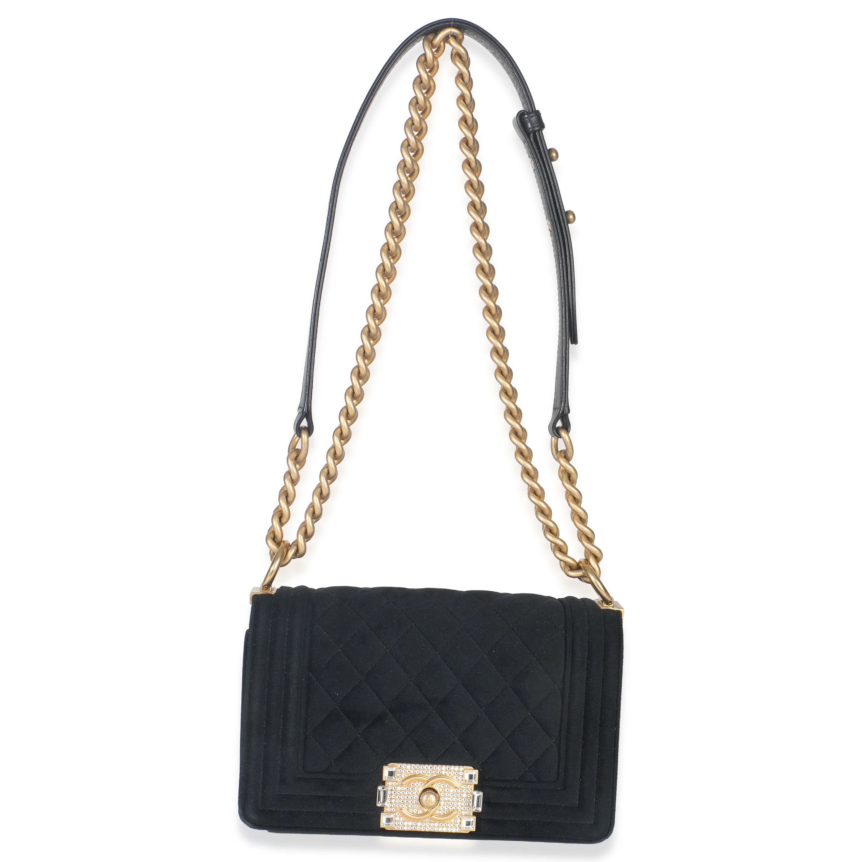 Black Quilted Velvet Strass Small Boy Bag - Image 7